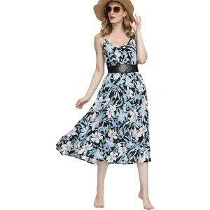 Boho Floral Maxi Dress with Pockets, Adjustable‎ Straps, V-Neck Lily Flower M